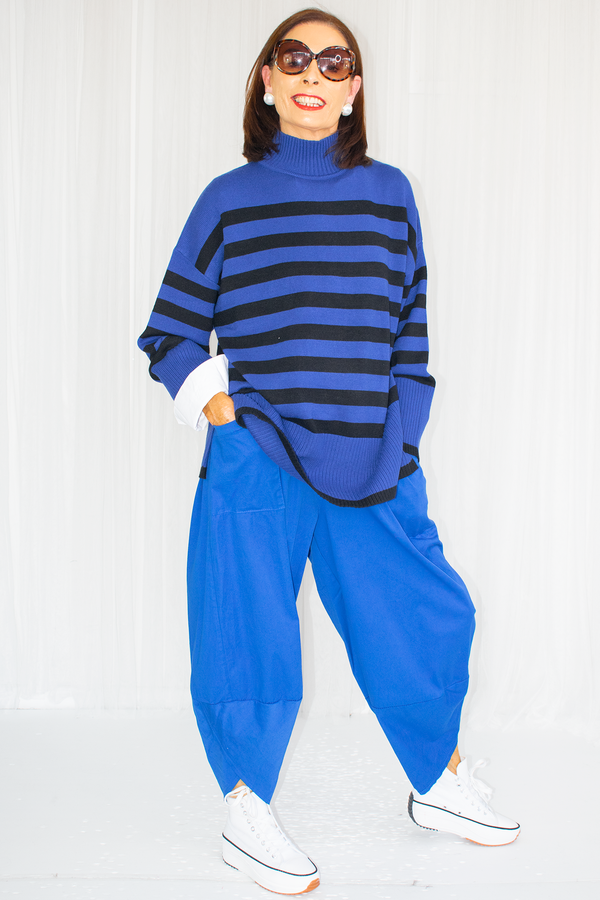 Mia Contrast Stripe Turle Neck Knit in Royal Blue/Black