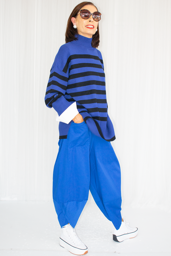 Mia Contrast Stripe Turle Neck Knit in Royal Blue/Black