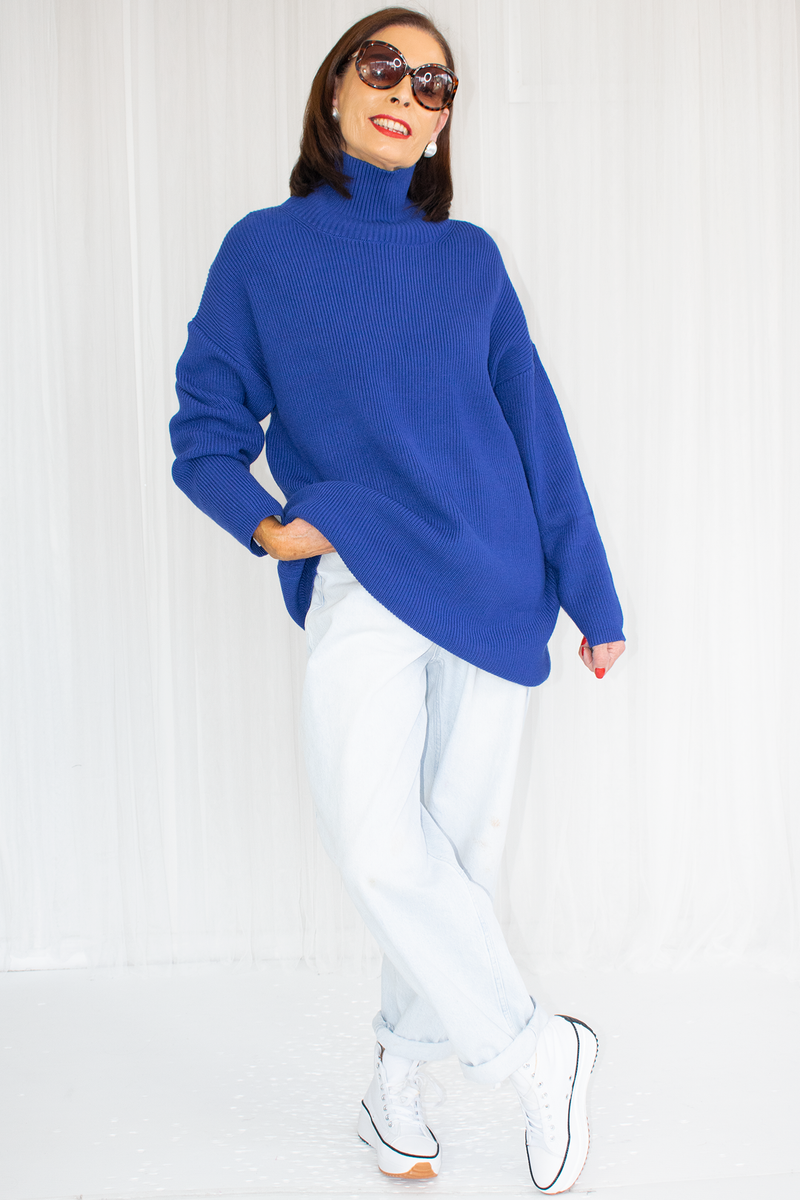 Classic Turtle Neck Slouchy Knit in Royal Blue