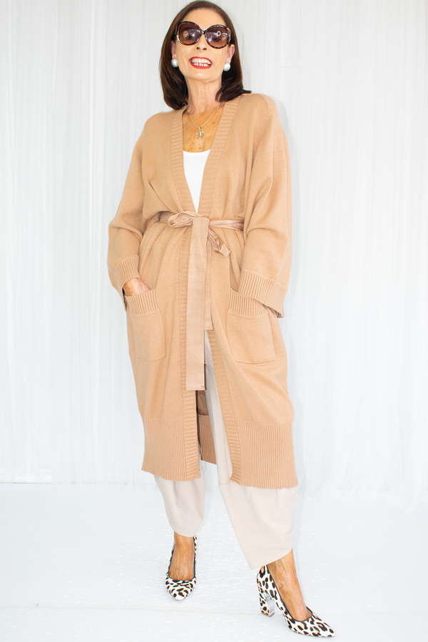 Thea wide sleeve Longline Cardigan with Satin back in Camel