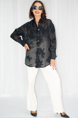 Daisy Floral Applique Organza Shirt in Black