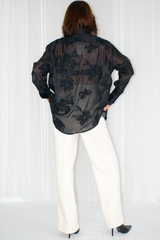 Daisy Floral Applique Organza Shirt in Black