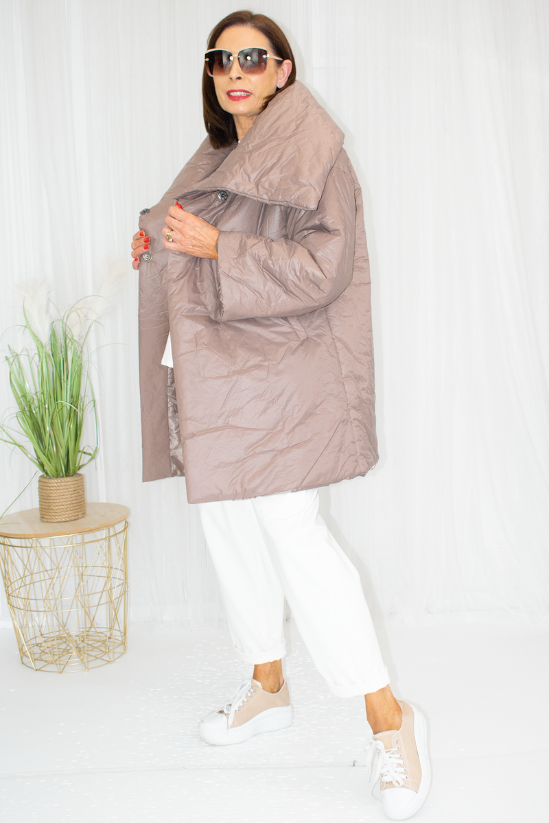 Paula Padded Oversized Collar Mid-Length Coat in Taupe