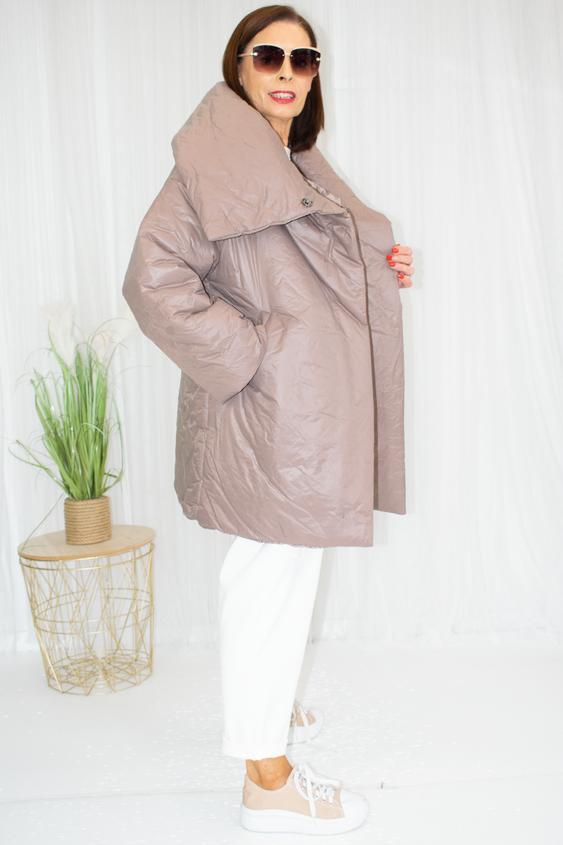 Paula Padded Oversized Collar Mid-Length Coat in Taupe