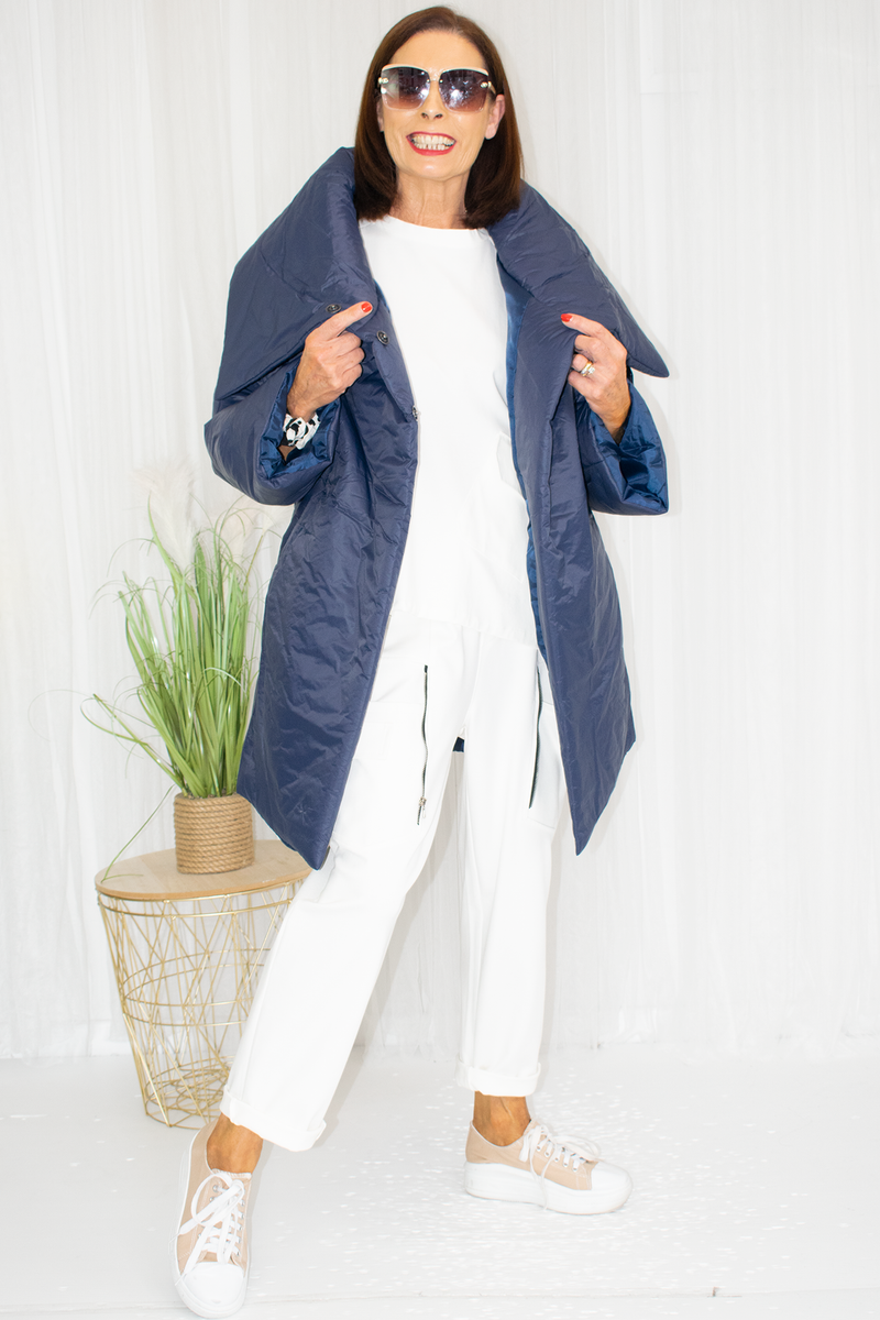 Paula Padded Oversized Collar Mid-Length Coat in Navy