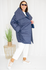 Paula Padded Oversized Collar Mid-Length Coat in Navy