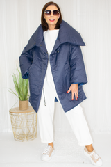 Paula Padded Oversized Collar Mid-Length Coat in Navy