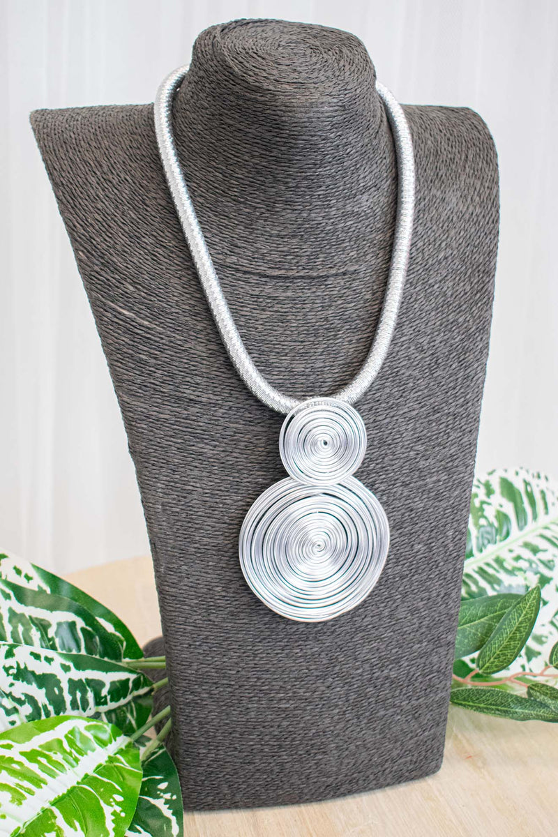 Statement Layered Circle Twisted Wire Necklace in SIlver