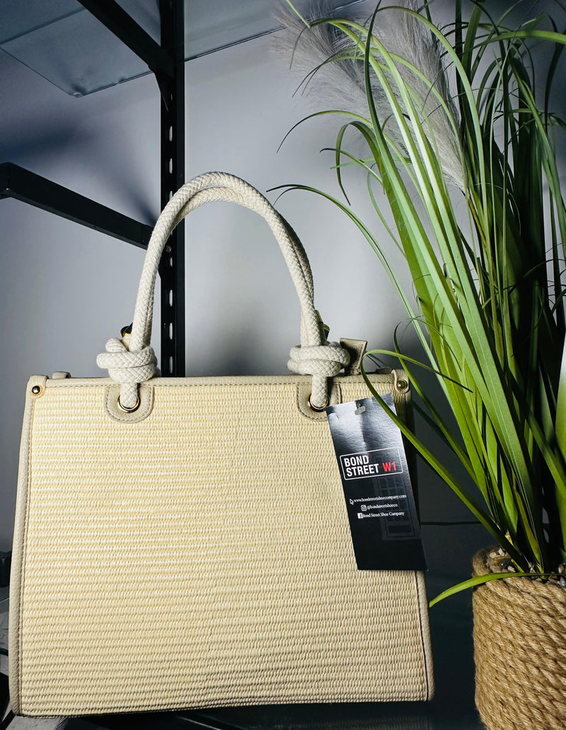 Woven Taupe Trim Tote Bag with Rope Gold Stud Handle.