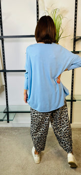 LEONIE TWO POCKET COCOON TROUSER IN BABY BLUE LEOPARD PRINT