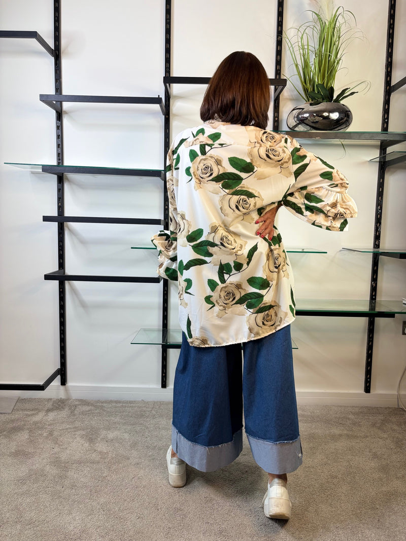 Portofino Ruffle Sleeve Shirt in Forest Green Rose Print