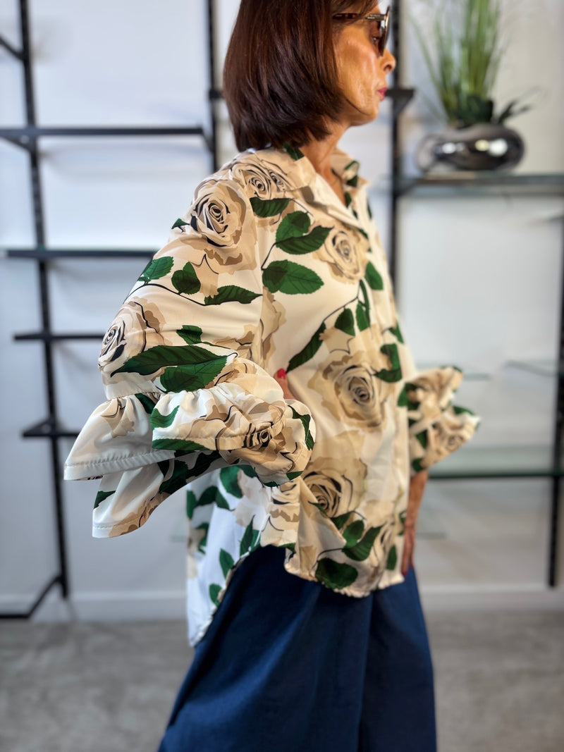 Portofino Ruffle Sleeve Shirt in Forest Green Rose Print