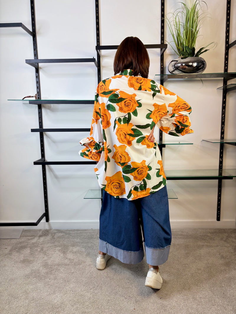 Portofino Ruffle Sleeve Shirt in Orange Rose Print