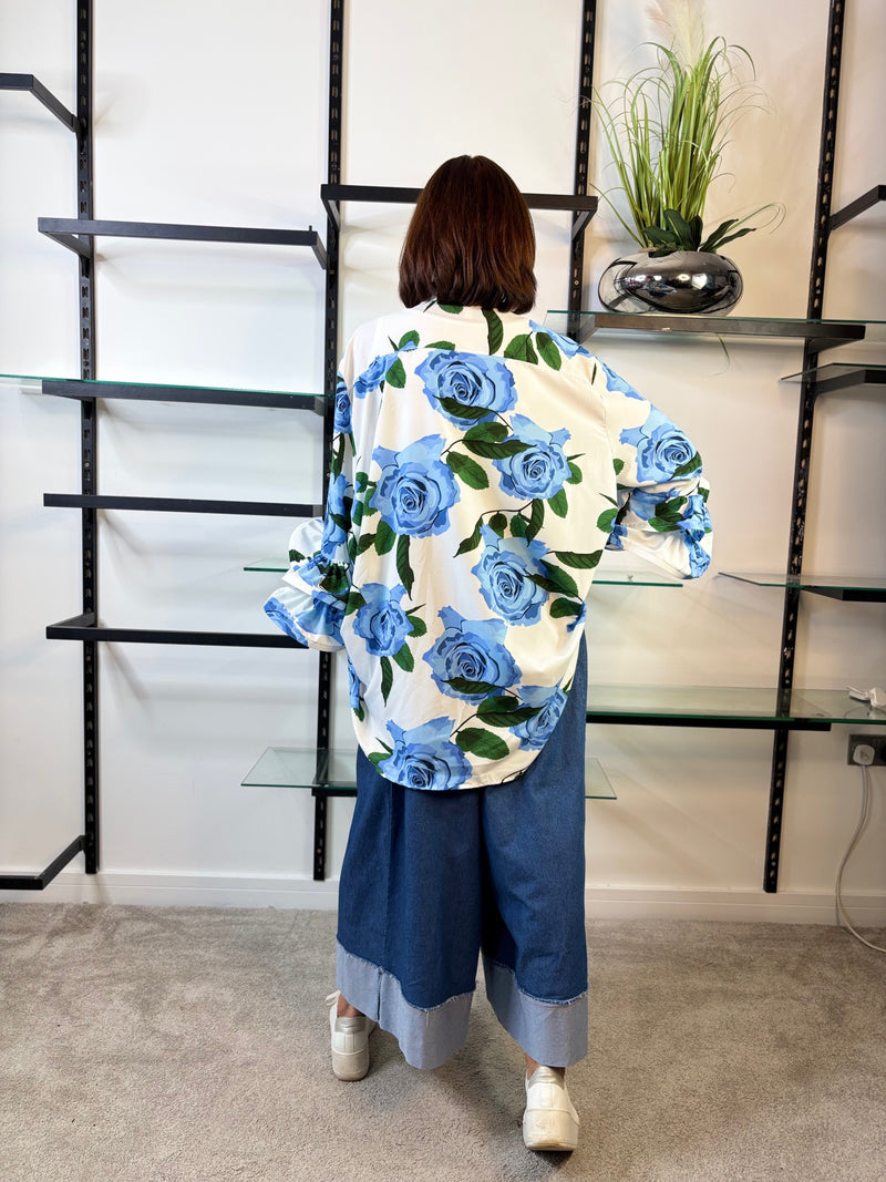 Portofino Ruffle Sleeve Shirt in Baby Blue Rose Print