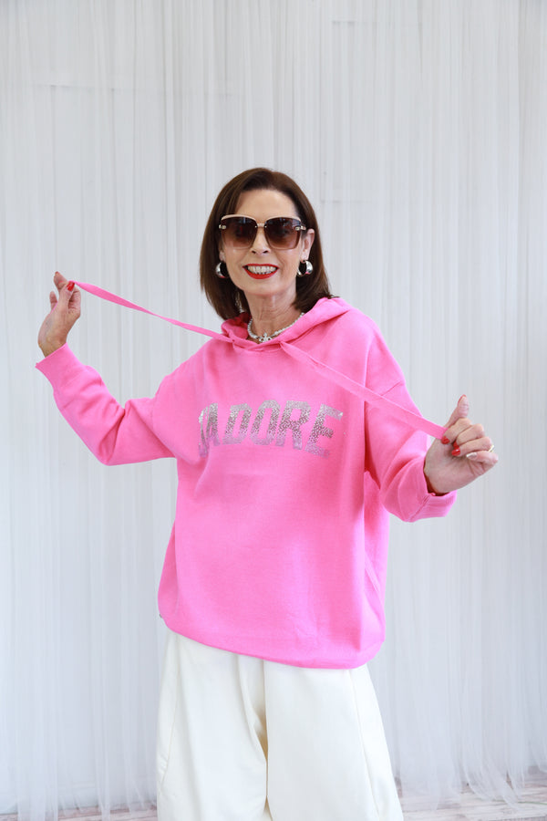 JADORE PINK DIAMANTE  KNIT HOODIE  WF1951