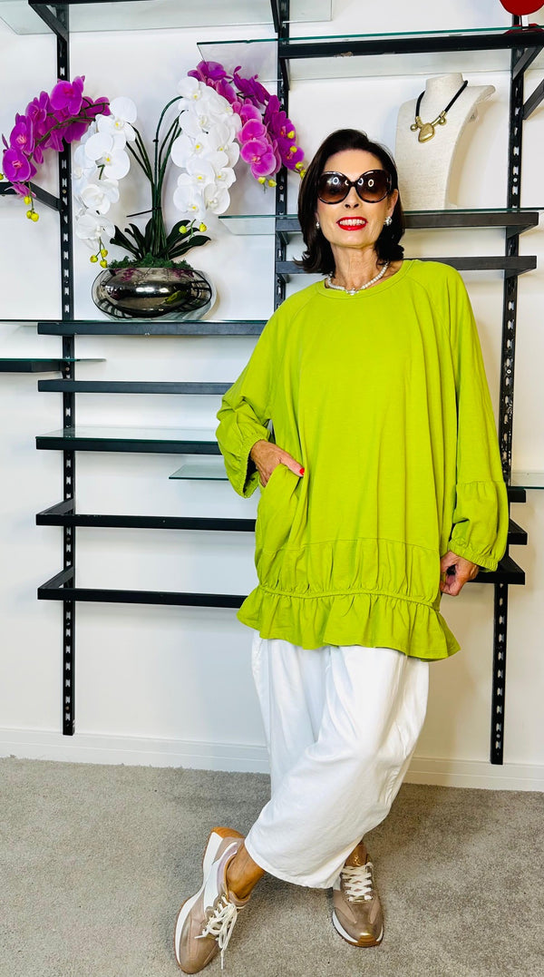 Evelyn Lime Green Elasticated Ruffle Hem sweatshirt Top