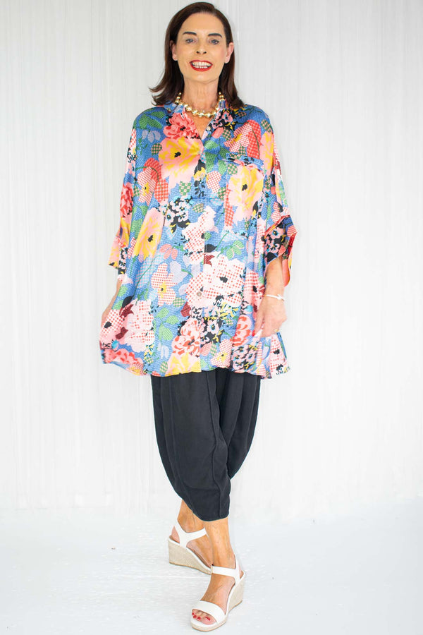 Gracie Grandad Collar Oversized Shirt in Abstract Floral