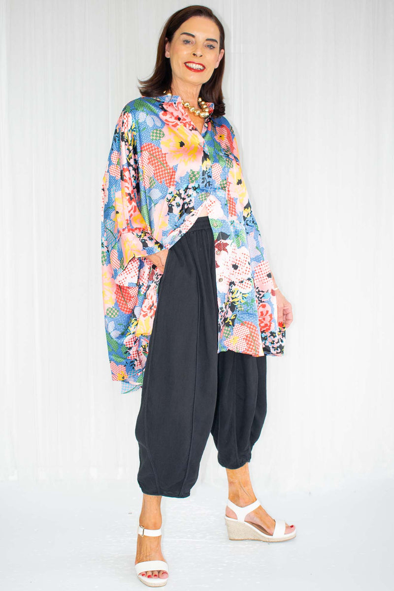 Gracie Grandad Collar Oversized Shirt in Abstract Floral