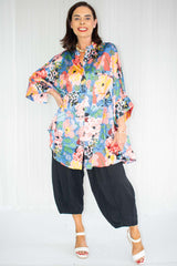 Gracie Grandad Collar Oversized Shirt in Abstract Floral