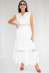 Selema Scalloped V Neckline Lace Dress in White