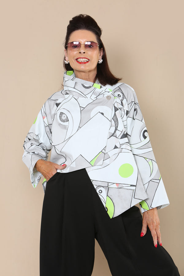 Victoria St Jacket in white with  Geometric Print with a dash of lime