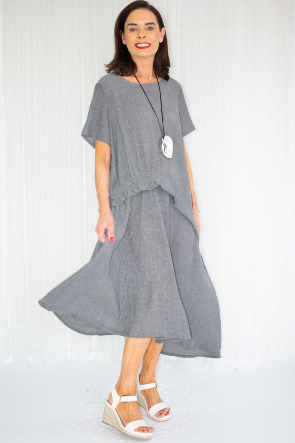 Harper Asymmetric Ruched Waist Dress in Slate Grey