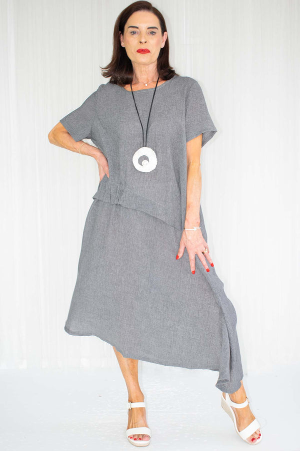 Harper Asymmetric Ruched Waist Dress in Slate Grey