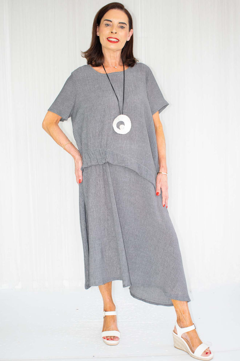 Harper Asymmetric Ruched Waist Dress in Slate Grey