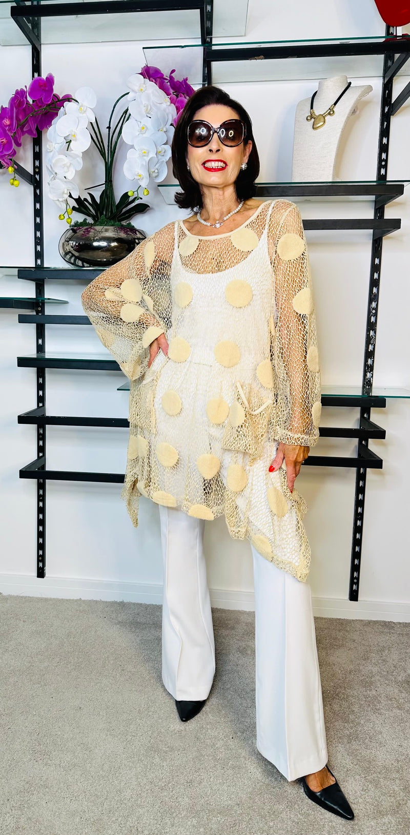 Afelia  Crochet Beige Overlay Top