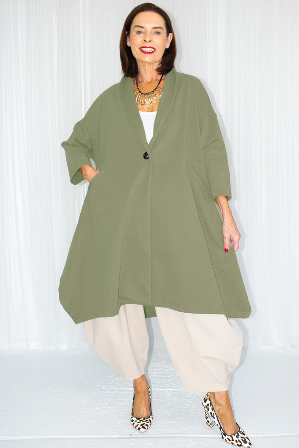 Mila Collared Scuba Cocoon Jacket in Khaki