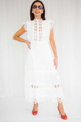 Lila Fine Lace Capped Sleeve Dress in Crisp White