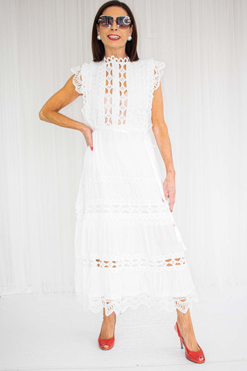 Lila Fine Lace Capped Sleeve Dress in Crisp White