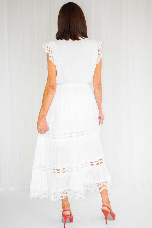 Lila Fine Lace Capped Sleeve Dress in Crisp White