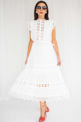 Lila Fine Lace Capped Sleeve Dress in Crisp White