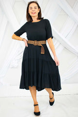 Layla Layered Midi Dress with Wicker Belt in Black