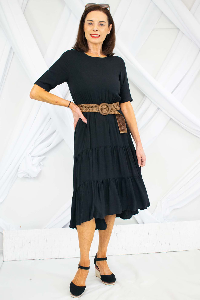 Layla Layered Midi Dress with Wicker Belt in Black