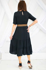 Layla Layered Midi Dress with Wicker Belt in Black