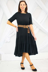 Layla Layered Midi Dress with Wicker Belt in Black