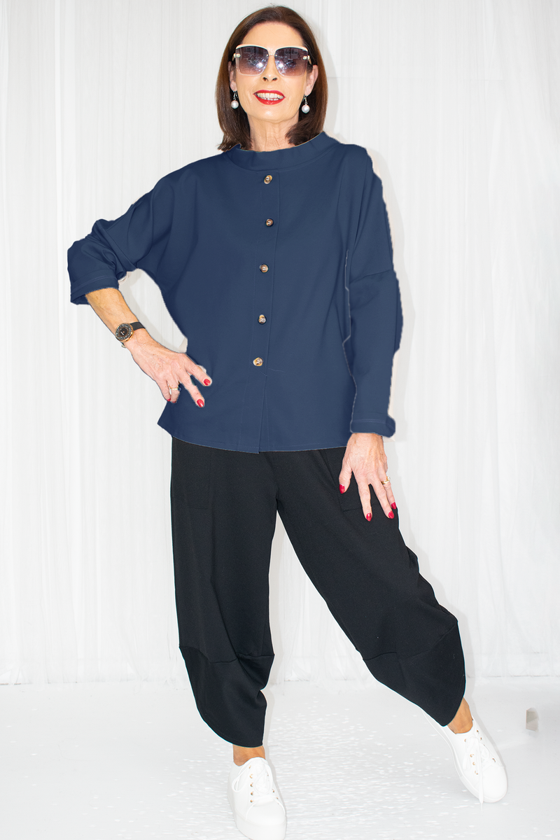 Elise Button Down Front Scuba Top in Navy SCUBA FABRIC