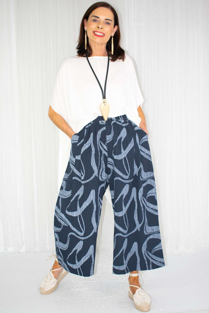 Scandi Swirl Print Culottes in Navy