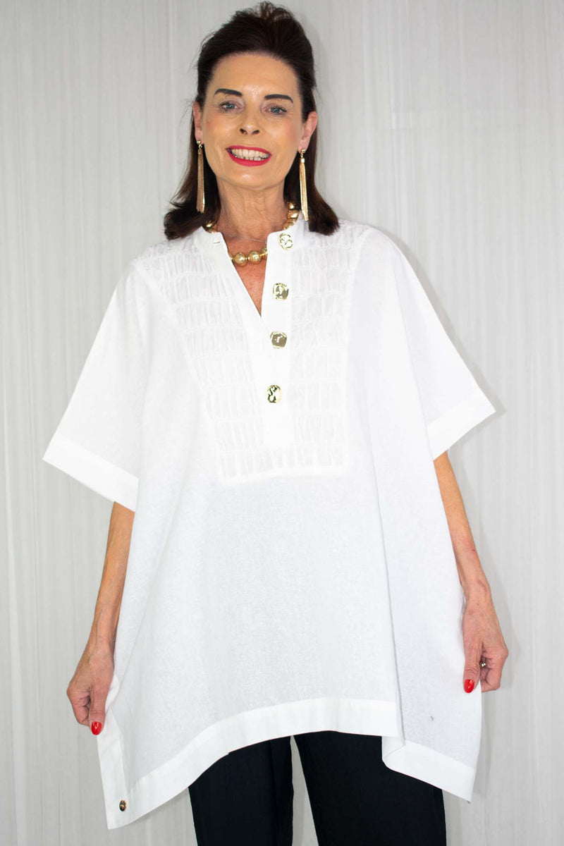 Gia Linen Shirred Top In White