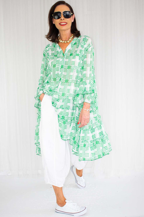 Leonna Layered Frill Shirt/Dress in Green Houndstooth