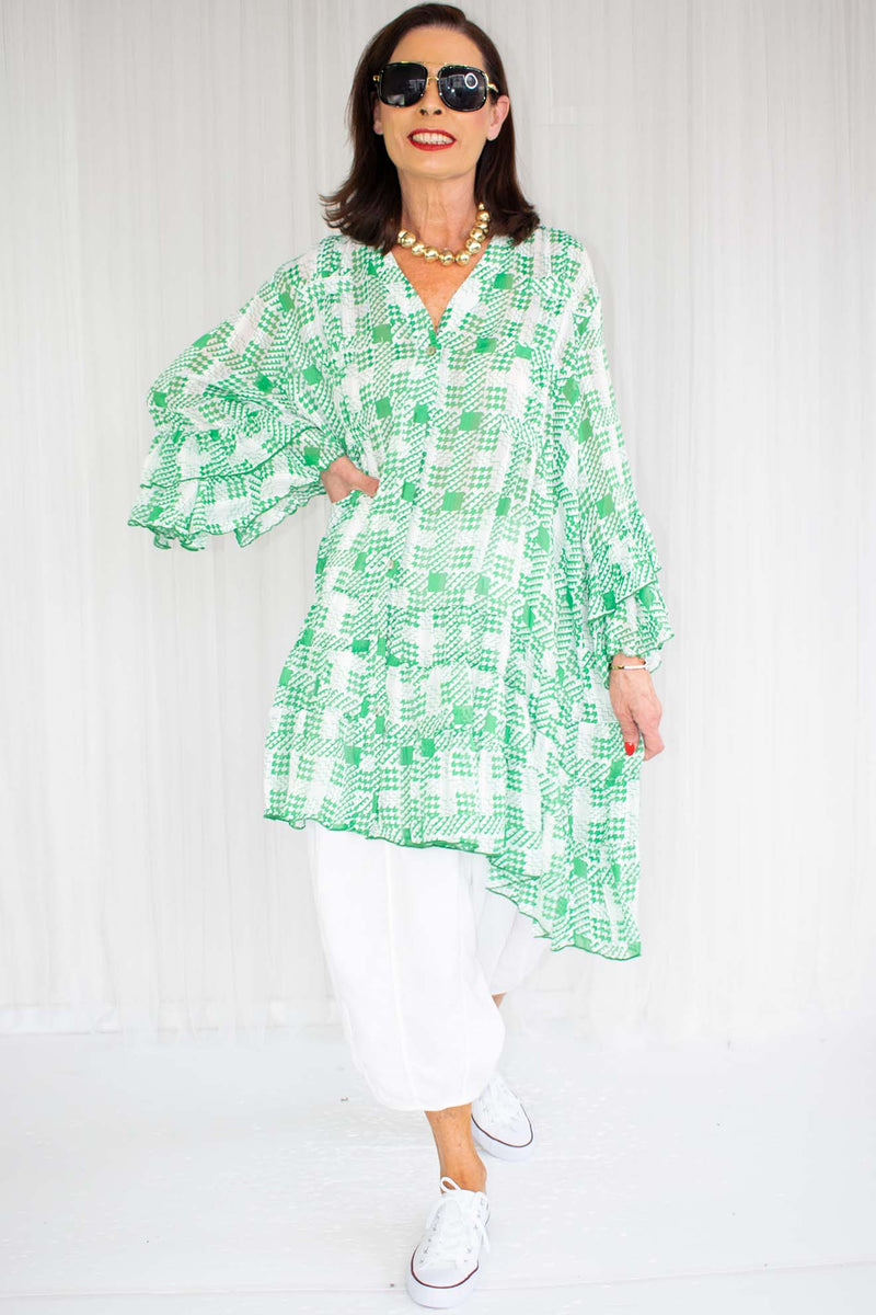 Leonna Layered Frill Shirt/Dress in Green Houndstooth