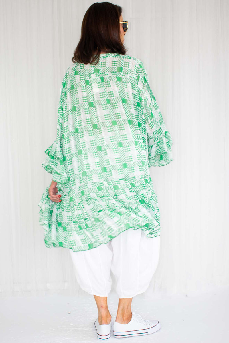 Leonna Layered Frill Shirt/Dress in Green Houndstooth