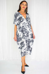 Bryony Batwing V-Neck Slouch Dress in Black Tie-Dye Print